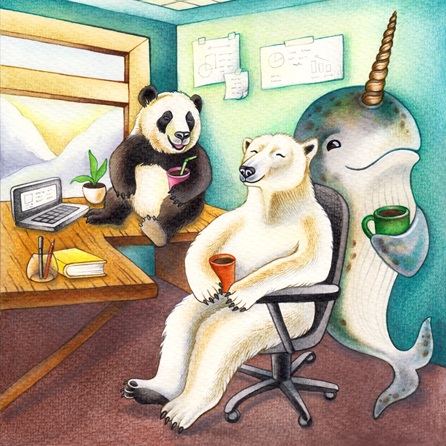 Image showing a panda, a polar bear, and a narwhal chilling out in an office together